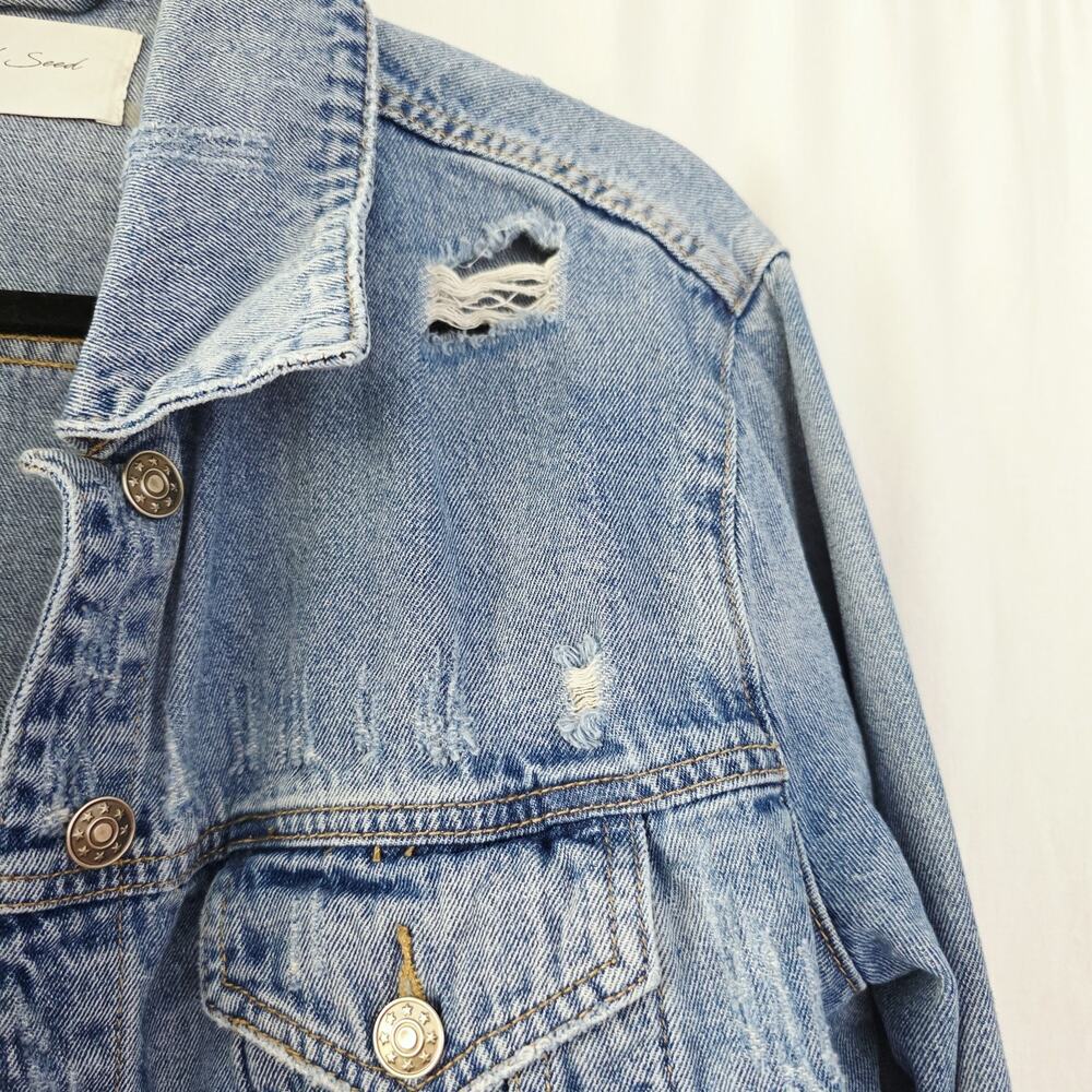 Mustard Seed Women's Jean Jacket Denim, Size M Blue Baggy Crop Distressed - Picture 4 of 9